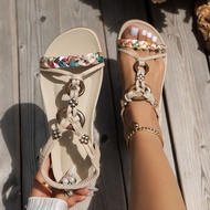 Mùa Hè Size Lớn Nữ Phong Cách Bohemian Giày Sandal Khối Màu Dây Đàn Hồi Hở Ngón Đi Biển Dép Đế Cao S