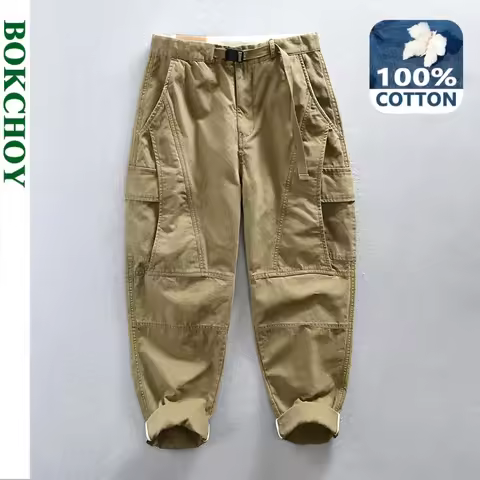 Autumn New 100% Cotton Retro Cargo Pants Men Clothing Multi-pockets Daily Joggers Trousers AZ629