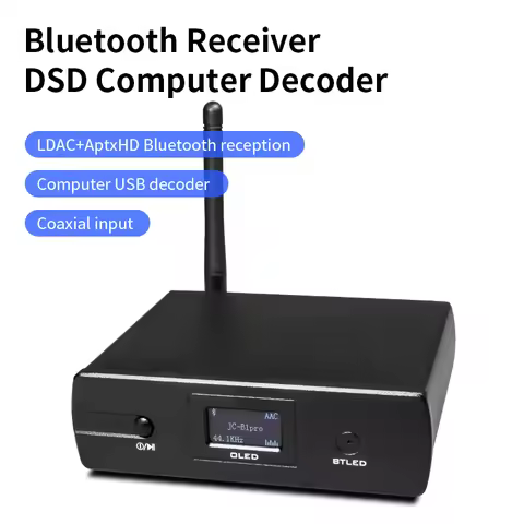 Bluetooth 5.1 DAC Receiver, QCC5125 ESS9038 HiFi Decoder LDAC aptX-HD DSD USB with OLED Display RCA 