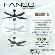 Fanco GALAXY 5 Designer ceiling fan with light, 5 blades, 6 blades, 38/48/56 inch dc motor with 3 tone led light and rem
