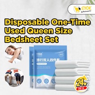 [Queen Size] Disposable One-Time 4-in-1 Queen Size Bedsheet Set Pillow Case Quilt Cover Best For Tra