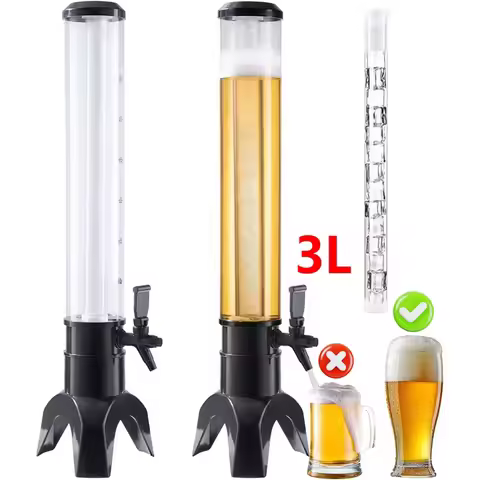 3L Beer Dispenser Beer Tower with Spigot & Ice Tube Beverage Dispenser LED Light Transparent Drink D