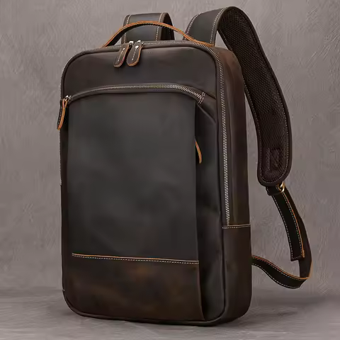 Vintage Men's Crazy Horse Leather Backpack genuine leather Retro Rucksack Large Classic Travel Backp