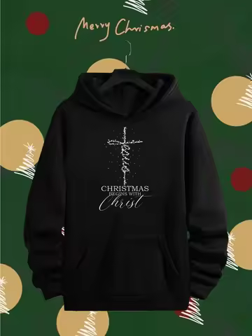 Men's Religious Faith Hooded Jacket - Christmas Begins with Christ Jesus Graphic Zip-Up Hoodie, Goth
