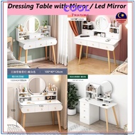 Dressing Table Set With Led Light Round Mirror 2 Sliding Desk Drawer Makeup Cosmetic Furniture Meja 