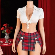 plus size sexy plaid dress JK uniform, slit pure seductive lingerie, date night and party night