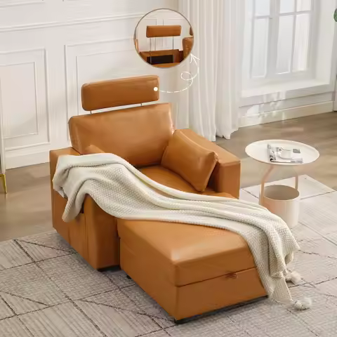 Accent Storage Sofa Chair with Ottoman, Faux Leather Living Room Chaise Lounge Chair with Headrest a