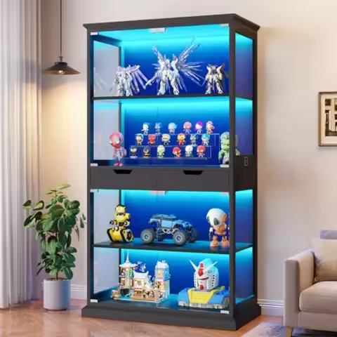 Display Cabinet with Glass Doors for Living/Game Room, Tempered Glass Wood, Black, 4-Tier Curio Cabi