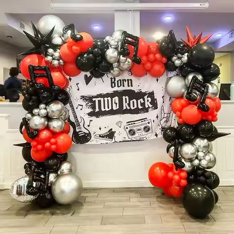 110pcs "Born Two Rock" set, including black, red, and gray balloons, and black musical note balloons