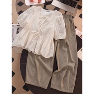 Set đồ nữ Azami áo babydoll thêu hoa phối quần vải xước Nhật phong cách retro tiểu thư - Blue Chic