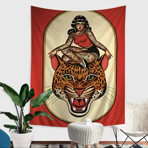 VIKAMA Wild Tiger Tapestry Vintage Tattoo Woman Living with Beasts Fade-proof Living Room Bedroom De