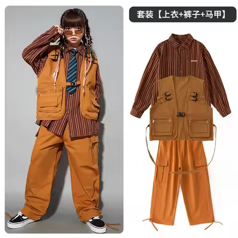 Child costume For Kids Stripe Shirt Brown Vest Hiphop Pants Suit Girls Jazz Dancing Outfits Boys Str