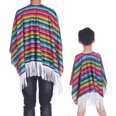 Ethnic Cloak Mexican Costume Halloween Rainbow Stripe Mexican Style Cloak Cape Dress-up Cosplay Mexi