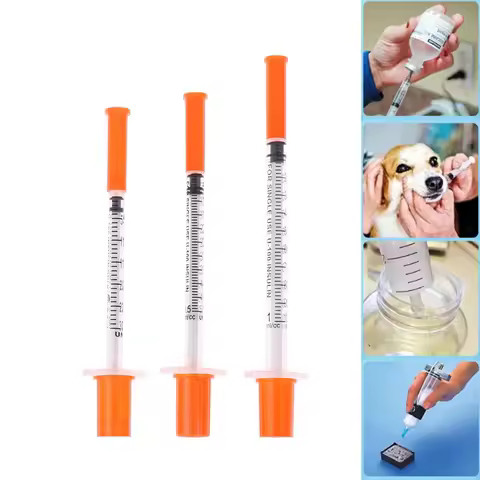 5Pcs 0.3/0.5/1ML Disposable Plastic Veterinary Syringe Orange Cap Sterile Insulin Syringe With Needl