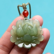 2026 Natural Blue White Jade Lotus Pendant Blossoms Rich Lotus Jade Pendant Necklace Blue Lotus Jade
