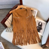 Xinjiang Tibet Tourism Retro Western Denim Wind Desert Gobi Trip Shoot Brown Suede Tassel Vest Top