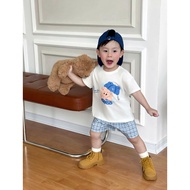 Summer Boys Clothes Set Cotton Bear T-shirt with Blue and White Striped Pants for Children 8-24kg Si