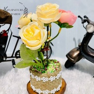 Furniture hiasan bunga mawar peach 2 warna artifisial dengan pot karung goni dan pot tempel dinding