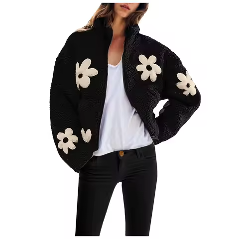 Womens Casual Floral Fleece Jackets Winter Zipper Cropped Plush Coat Female Long Sleeve Lamb Wool Ou