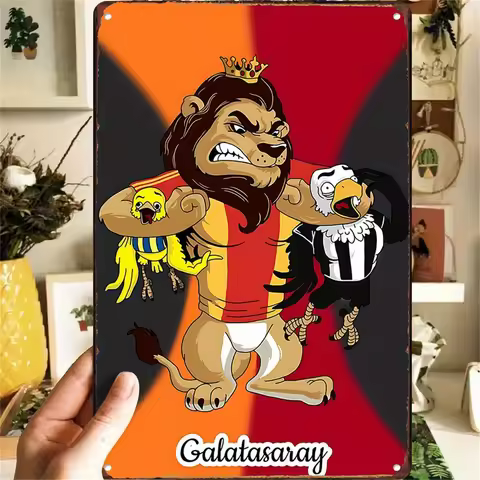 - Galatasaray Vintage Metal Wall Art Sign - Regal Lion & Companion Illustration, Bold Stripes, for U