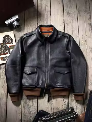 Tailor Brsndo Contract Number Waxed Cowhide A2 Bomber Jacket Men's Short Retro Genuine Leather Jacke
