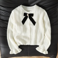 1pc Teenage Girls' Sweater Cardigan, Cable Knit, Detachable Pearl Bow Collar, Ruffle Cuffs, Long Sle