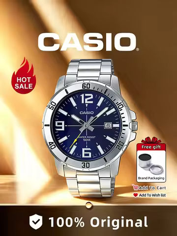 CASIO Men's Sport Analog Watch Stainless Steel Band Blue Dial Date Function Business Casual Wristwat
