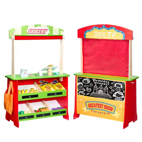 SucceBuy 2-in-1 Kids Wooden Puppet Theater Grocery Store with Curtains Reversible Play Store Playset