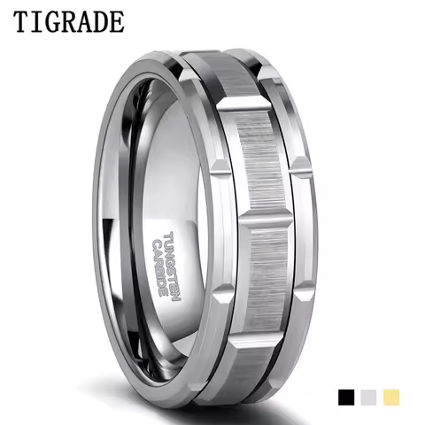 Tigrade Tungsten Carbide Ring Tire Wedding Band Silver Color Brick Pattern Brushed Engagement Ring M