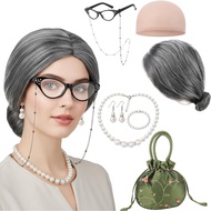 Set Kostum Wanita Tua Aksesori Nenek Rambut Palsu Wanita Tua Topi Rambut Palsu Perhiasan Mutiara Pal