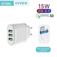 KIVEE Charger fast charging 15W USB*3 QC 4.0 Kepala Charger iphone