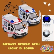 Diecast Rescue Ambulance Police Car Toy with Light & Sound Pull Back Action Vehicle for Kids Birthda