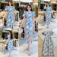 💙พร้อมส่ง S-2XL💙ป้าย Orange Juice💕เดรสยาว สีน้ำเงิน ลายดอกไม้ แขนพอง ชุดออกงาน ชุดไปงานแต่ง