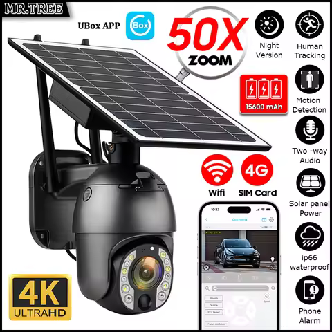 Home Outdoor Surveillance Solar Camera 4G SIM 50X Optical Zoom 4K Wifi Security Protection Cam Human