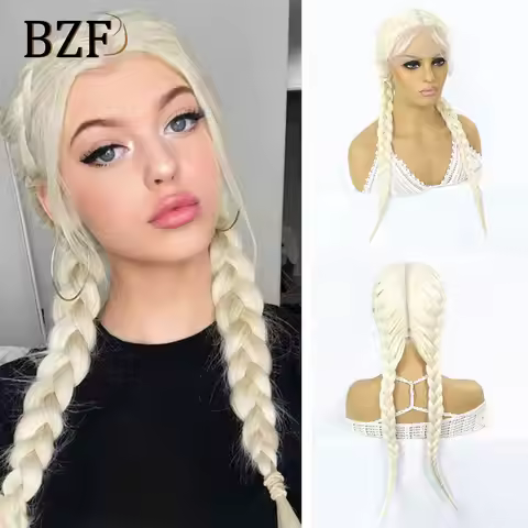#613 Braided Wigs 26Inch Middle Part Synthetic Double Dutch Box Braided Wig With Baby Hair White/Pin