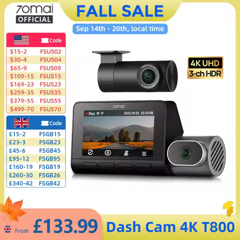 70mai Dash Cam 4K T800 with 4G Module UP04 Supercapacitor 3-Channel HDR Wifi 6 GPS Remote Control Re