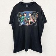 古著 DEMON SLAYER 鬼殺隊短袖動漫印花 T 卹，黑色，圓領，復古，L 碼