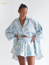 Fashion Loose Print Shorts Sets For Women 2 Pieces Elegant Long Sleeve Shirt With High Waist Shorts