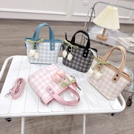 Women's Checkered PU Leather Handbag with Lovely Flower Charm - DK222