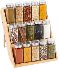 Keep Home 3-Tier Bamboo Storage Rack with Glass Spice Jars Set Kitchen Condiments Organizer Shelves 
