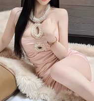 Elegant Pearl Neckline Tulle Sash Design ชุดซาตินเซ็กซี่ Ruffles สําหรับผู้หญิง 18-35 เอวแน่นชุดสีทึ