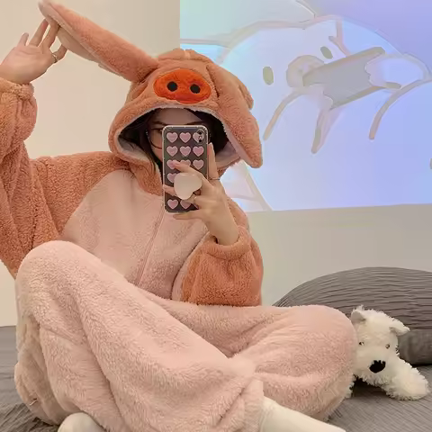 Winter Women's Pajamas Onesie Warm Thicken Pyjamas Sleepwear Korean Femme Pijamas Cartroon Pig Kigur