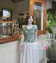 Set áo thun cổ đổ mix chân váy maxi trắng set tiểu thư basic style Hàn Quốc thanh lịch