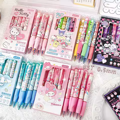 6pcs New Hello Kitty Blue Neutral Pen Set Cartoon Kuromi Thermal Erasable Pen Stationery Set Melody 