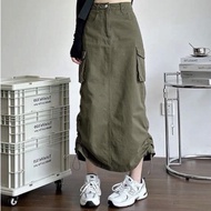 Chân váy midi Cargo dây rút 2 bên TÚI HỐP màu RÊU Chân váy dài Y2K style Ulzzang