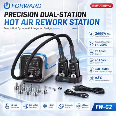 FORWARD FW-G2 2600W Dual Station Hot Air Rework Station 4.3in Touchscreen 100-500C Direct Cyclone Ai