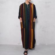 Men Muslim Saudi Casual Striped Long Sleeve Robe Arab Thobe Abaya Islamic Striped Hippy Dress Jubah Lelaki Pockets Loose Muslim Robe Baju Jubah Lelaki Dewasa 2024
