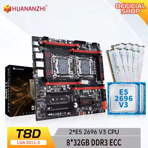 HUANANZHI X99 T8D LGA 2011-3 XEON X99 Motherboard with Intel E5 2696 V3 *2 with 8*32G DDR3 RECC memo