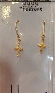 黃金純金9999時尚十字架耳勾式耳環 基督徒 獨特風格 pure gold cross hook earrings 24k 9999