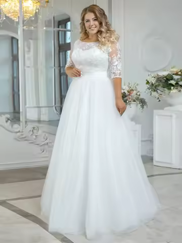 Charming O-Neck Wedding Dresses Plus Size Tulle With Lace Appliques 3/4 Sleeves Bridal Gowns A-Line 